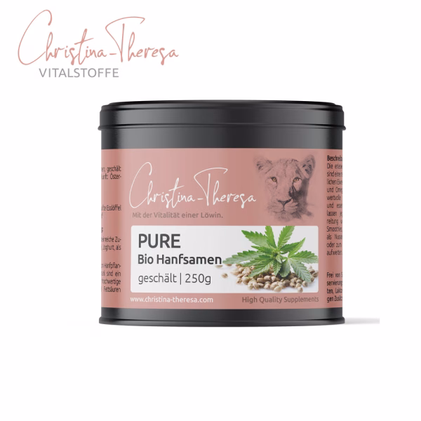 Bio Hanfsamen geschält in der 250g Dose Frontansicht mit Vitalstoffe Christina Theresa Logo