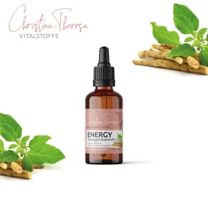 Energy Tropfen aus Ashwagandha mit Ashwagandha Pflanzen im Hintergrund in 50ml Braunglasflasche mit Pipettverschluss von Vitalstoffe Christina Theresa