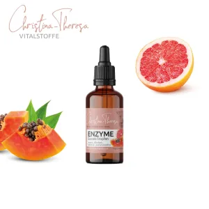 Enzyme Tropfen mit Papaya und Grapefruit von Vitalstoffe Christina Theresa in einer 50ml Braunglasflasche mit Pipettverschluss.