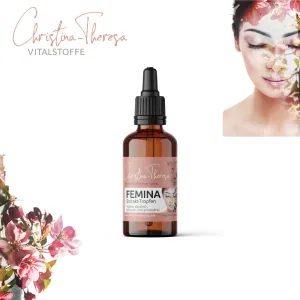 Femina Tropfen im Hintergrund rosa Blumen und ein Frauengesicht mit geschlossenen Augen in 50ml Braunglasflasche mit Pipettverschluss von Vitalstoffe Christina Theresa