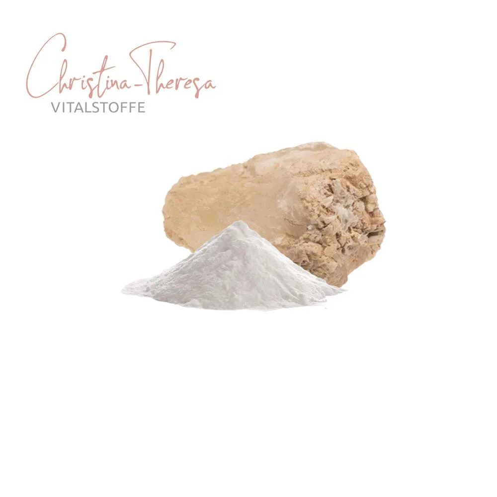 Inhaltsstoffe_bor_pulver_mit_stein Bor Pulver mit Borgestein im Hintergrund auf weißem Hintergrund mit Vitalstoffe Christina Theresa Logo links oben