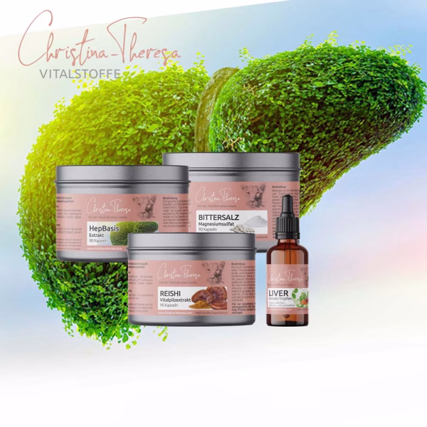 4 Produkte vor einer grünen Leber
