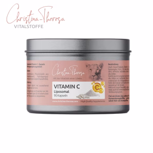 Liposomales vitamin C in Kapseln hoch bioverfügbar von vitalstoffe christina theresa mit logo in dunkler dose