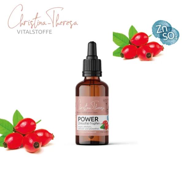 Power Tropfen aus Zinksulfat und Hagebutte im Hintergrund links und rechts Hagebuttenbeeren in 50ml Braunglasflasche mit Pipettverschluss von Vitalstoffe Christina Theresa