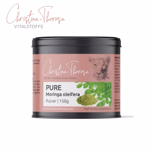 Pure Moringa oleifera Pulver von Vitalstoffe Christina Theresa in schwarzer Dose mit Logo linke Seite oben