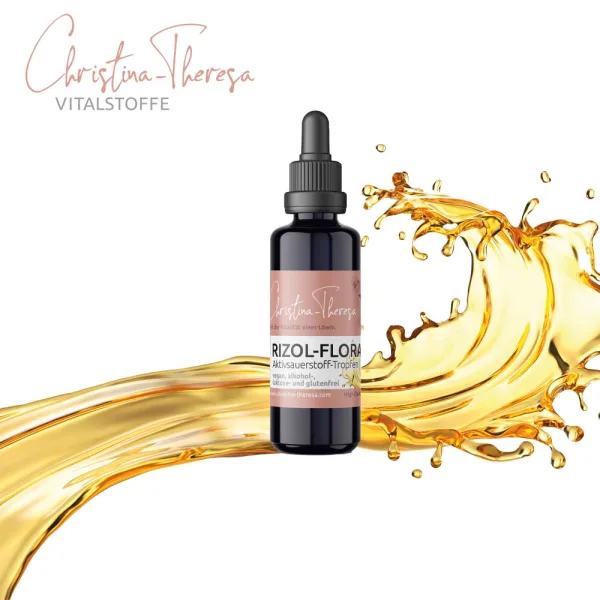Rizol Flora entspricht Rizol Zeta von Vitalstoffe Christina Theresa in einer 50ml Mironglasflasche mit Pipette und einer goldenen Welle im Hintergrund