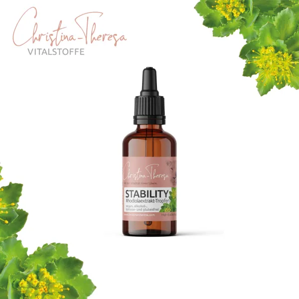 Stability Tropfen aus der Rosenwurz - Rhodiola - im Hintergrund ist die Rosenwurz abgebildet in 50ml Braunglasflasche mit Pipettverschluss von Vitalstoffe Christina Theresa